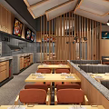 Japanese Restaurant Interior With Wooden Grilles Booth Seats Wall Art And Neatly Set Tables