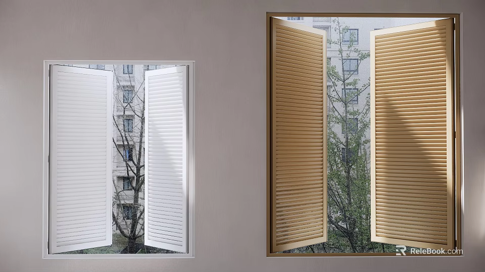 White and Wooden Window Blinds in Room with Trees and Buildings Outside 3d model 