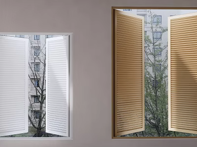 White and Wooden Window Blinds in Room with Trees and Buildings Outside 3d model