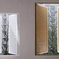 White and Wooden Window Blinds in Room with Trees and Buildings Outside
