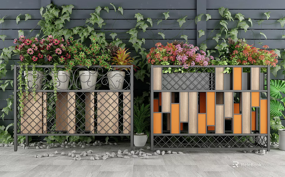 Garden Decorative Planters With Colorful Flowers Green Foliage Metal Frames And Wooden Panels 3d model 