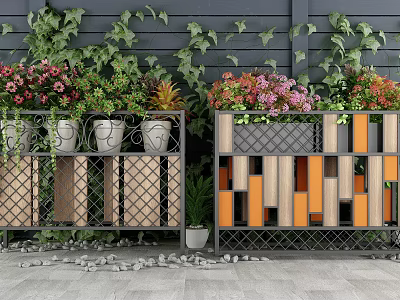 Garden Decorative Planters With Colorful Flowers Green Foliage Metal Frames And Wooden Panels 3d model