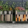 Garden Decorative Planters With Colorful Flowers Green Foliage Metal Frames And Wooden Panels