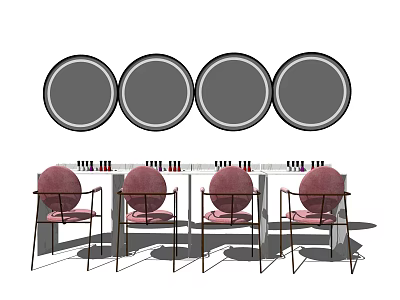 Modern Dressing Table With Four Round Mirrors And Pink Metal Leg Chairs 3d model