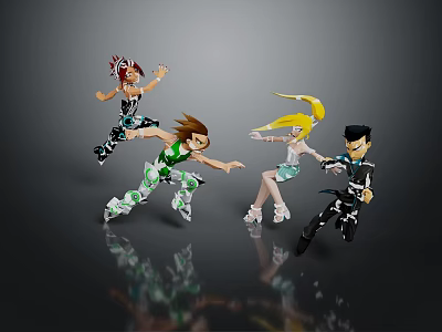 Four Animated Characters In Dynamic Action Poses With Stylish Colorful Outfits 3d model