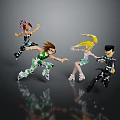 Four Animated Characters In Dynamic Action Poses With Stylish Colorful Outfits