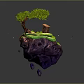 Cartoon Style Floating Island Scene With Green Tree Small Building And Stone Path