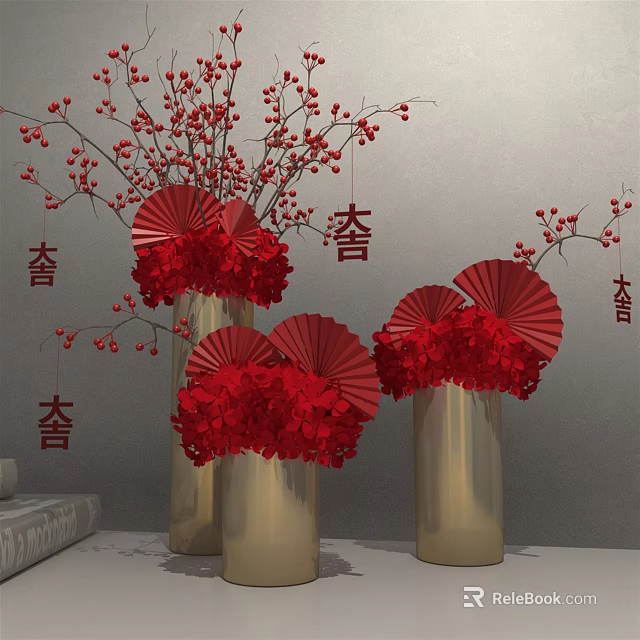 Red Flowers in Gold Vases with Red Fans Decorative Floral Arrangement on Gray Wall Background 3d model 