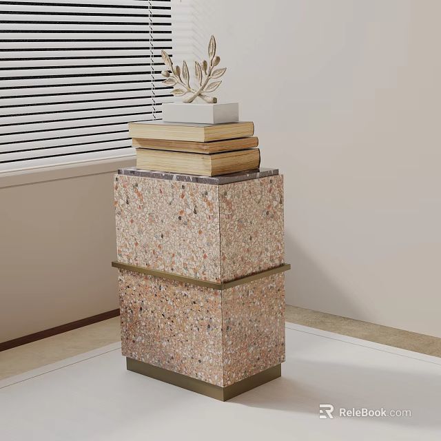 Elegant Terrazzo Side Table With Gold Metal Frame Stacked Books And Decorative Plant 3d model 