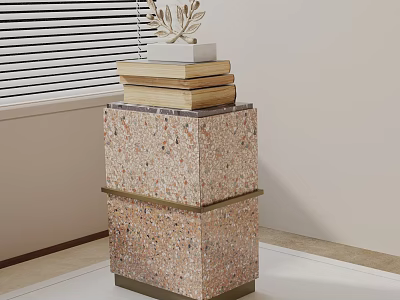 Elegant Terrazzo Side Table With Gold Metal Frame Stacked Books And Decorative Plant 3d model