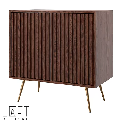 Modern Dark Brown Wooden Chest of Drawers With Vertical Slats And Golden Metal Legs 3d model
