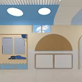 Kid Friendly Elevator Corridor With Blue Beige Walls Cloud Decorations And Round Ceiling Lights 3d model