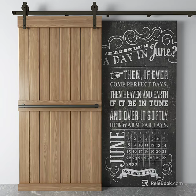 Rustic Wooden Barn Door Interior With Chalkboard June Calendar Design 3d model 