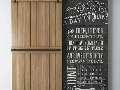 Rustic Wooden Barn Door Interior With Chalkboard June Calendar Design 3d model