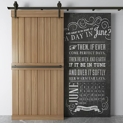 Rustic Wooden Barn Door Interior With Chalkboard June Calendar Design 3d model