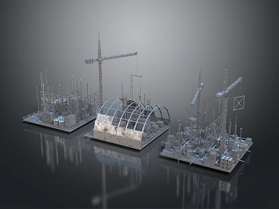 Industrial Construction Equipment Models With Cranes Steel Structures And Dome Frameworks 3d model