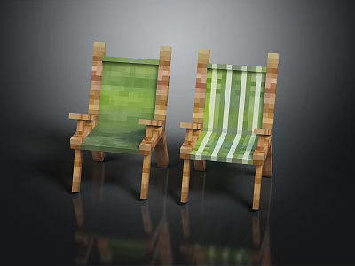 Pair of Modern Leisure Chairs with Wooden Frame and Striped Green White Seats 3d model