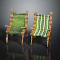 Pair of Modern Leisure Chairs with Wooden Frame and Striped Green White Seats