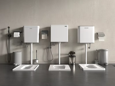 Modern Three White Urinals Against Gray Walls With Trash Cans Toilet Paper Holders Flushing Devices 3d model