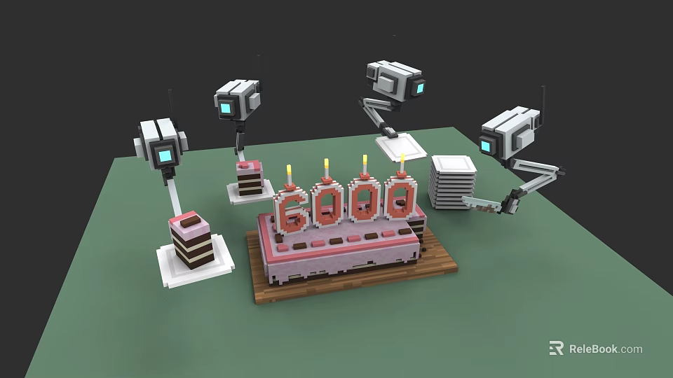 Game and Movie Character Robotic Arms Around Cake With 6000 Candles On Green Tabletop 3d model 