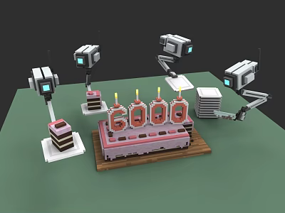 Game and Movie Character Robotic Arms Around Cake With 6000 Candles On Green Tabletop 3d model