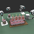 Game and Movie Character Robotic Arms Around Cake With 6000 Candles On Green Tabletop