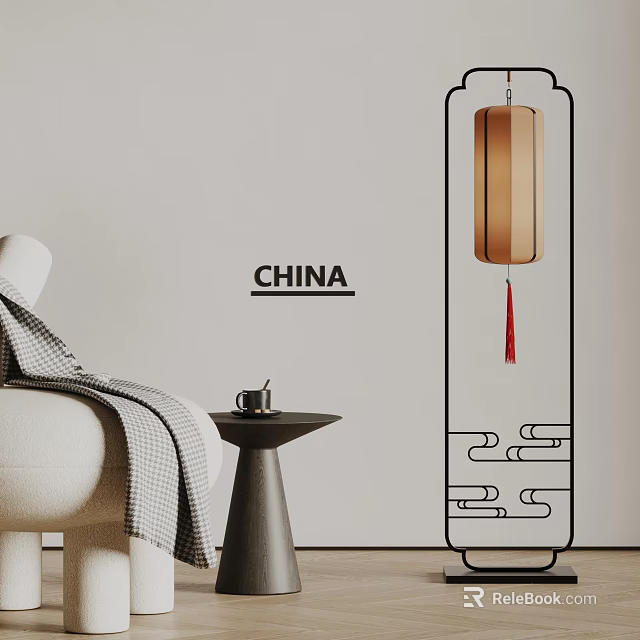 Single Sofa in Chinese Design with Lantern Decor Blanket and Small Table on Light Wall 3d model 