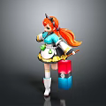 Game Anime Character with Orange Long Hair Blue White Outfit Yellow Skirt Holding Colorful Box