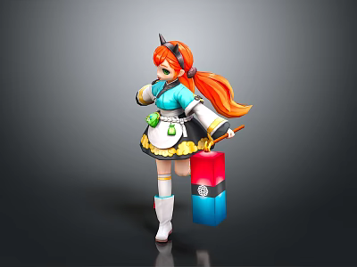 Game Anime Character with Orange Long Hair Blue White Outfit Yellow Skirt Holding Colorful Box 3d model