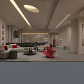 Modern Reception Area Interior With Red Accent Chair Sofa Round Skylight And Light Strips