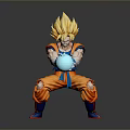 Super Saiyan 3D Model with Blonde Spiky Hair Orange Outfit Crouching Holding Blue Energy Ball