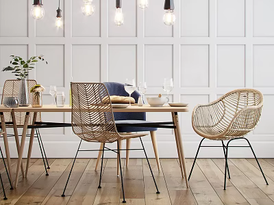 Modern Wooden Dining Table Set With Rattan Chairs Blue Cushion White Paneled Wall Pendant Lights 3d model