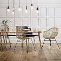 Modern Wooden Dining Table Set With Rattan Chairs Blue Cushion White Paneled Wall Pendant Lights