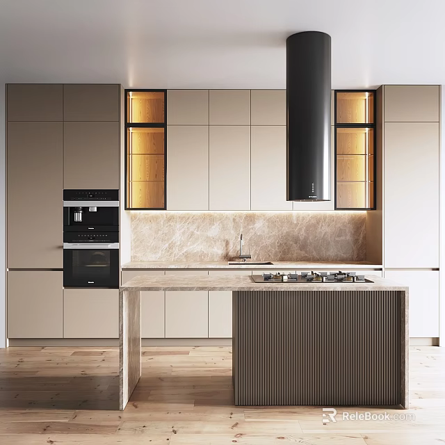 Modern Kitchen Cabinets With Marble Countertop Island And Interior Lighting 3d model 