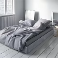 Cozy Bedroom Interior With Gray Bedding Pillows Nightstand Mirror And Wooden Floor