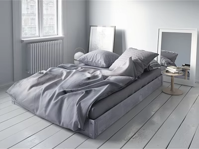 Cozy Bedroom Interior With Gray Bedding Pillows Nightstand Mirror And Wooden Floor 3d model