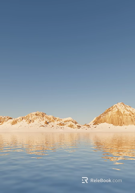 Scenic View of Snowy Mountains by Calm Lake Under Clear Blue Sky 3d model 