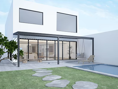 Modern Villa Balcony With Glass Enclosure Lawn Pool Green Plants And Stone Steps 3d model