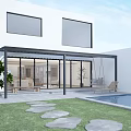 Modern Villa Balcony With Glass Enclosure Lawn Pool Green Plants And Stone Steps