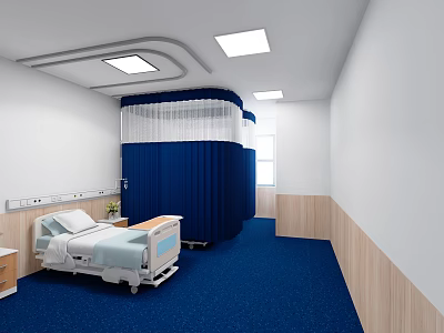 Modern Hospital Room Interior With Blue Carpet Curtains Bed And Wooden Panels 3d model
