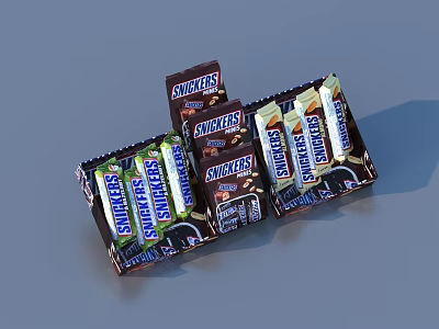 Snickers Chocolate Bars Packaged In Boxes And Individual Wrappers Stacked Together 3d model