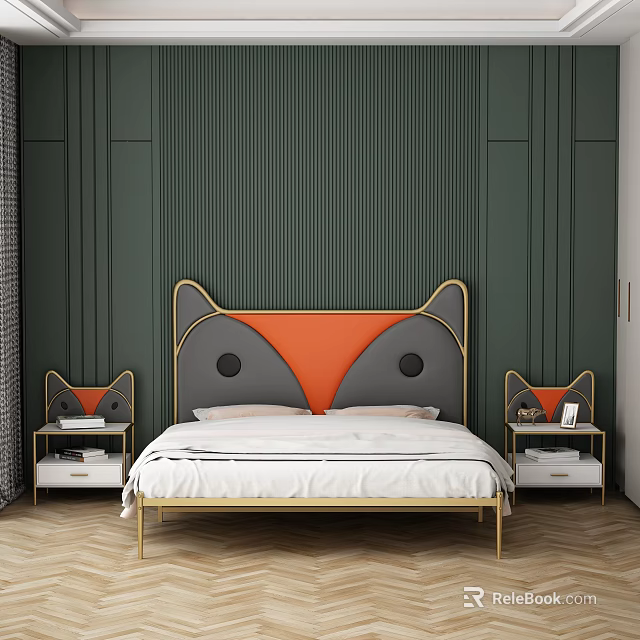 Double Bed With Fox Ear Shaped Headboard Orange Gray Gold Frame And Dark Green Wall 3d model 