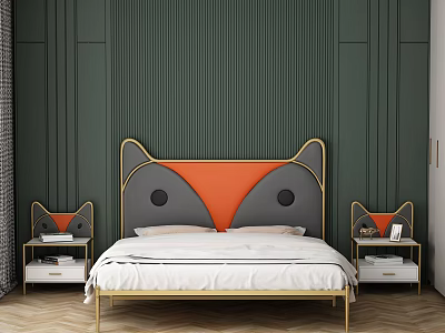 Double Bed With Fox Ear Shaped Headboard Orange Gray Gold Frame And Dark Green Wall 3d model