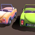 Cartoon Style Convertible Cars With Green And Pink Orange Gradient Bodies And Purple Seats