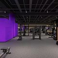 Modern Gym Interior With Various Fitness Equipment Purple Lighting Spacious Workout Area And Gray Flooring