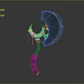 Fantasy Axe Weapon with Curved Blade Dark Head Green Spiral Handle and Ornate Purple Accents