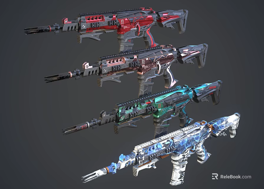 Colorful Designed Assault Rifles With Red Black Teal Blue Variations And Mechanical Details 3d model 