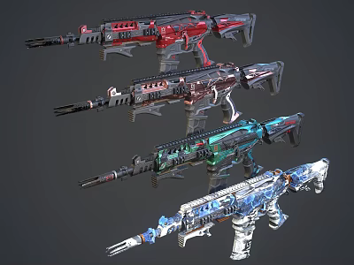 Colorful Designed Assault Rifles With Red Black Teal Blue Variations And Mechanical Details 3d model