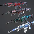 Colorful Designed Assault Rifles With Red Black Teal Blue Variations And Mechanical Details