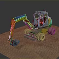 Functional Vehicle Wheel Excavator With Yellow Gray Body Mechanical Arm Bucket On Sandy Ground